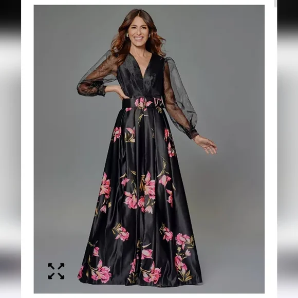 $289 Betsy & Adam Women Organza-Sleeve Floral Belted Gown Sz 4 Old Money - Picture 2 of 16